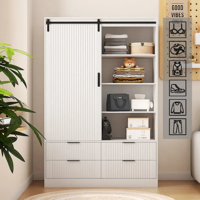 Tall Bedroom Armoire Wardrobe with Sliding Barn Door, 4 Drawers & 4 Open Shelves, White