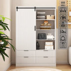 Tall Bedroom Armoire Wardrobe with Sliding Barn Door, 4 Drawers & 4 Open Shelves, White