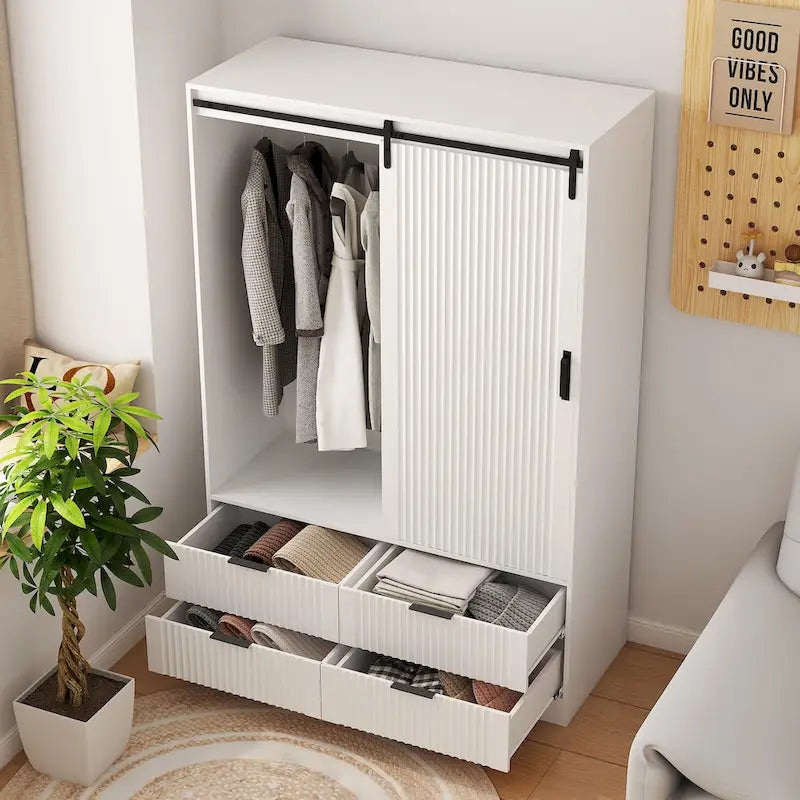 Tall Bedroom Armoire Wardrobe with Sliding Barn Door, 4 Drawers & 4 Open Shelves, White