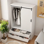 Tall Bedroom Armoire Wardrobe with Sliding Barn Door, 4 Drawers & 4 Open Shelves, White