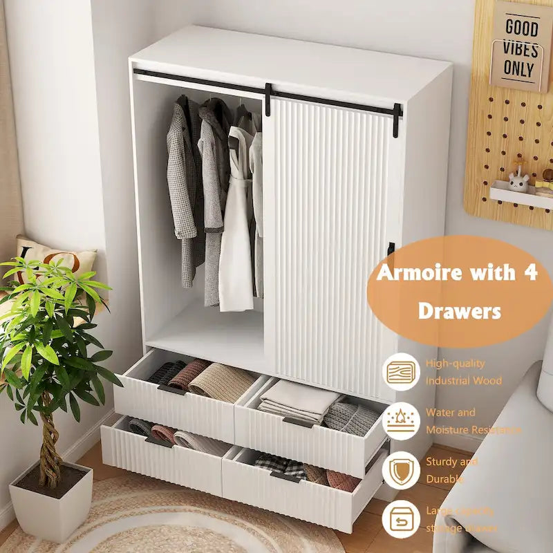 Tall Bedroom Armoire Wardrobe with Sliding Barn Door, 4 Drawers & 4 Open Shelves, White