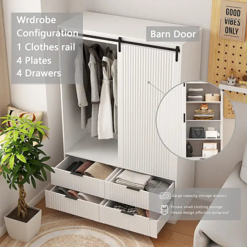 Tall Bedroom Armoire Wardrobe with Sliding Barn Door, 4 Drawers & 4 Open Shelves, White