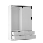 Tall Bedroom Armoire Wardrobe with Sliding Barn Door, 4 Drawers & 4 Open Shelves, White