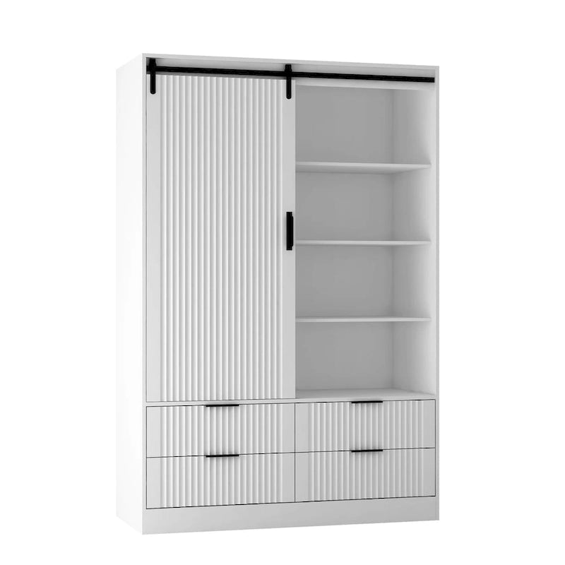 Tall Bedroom Armoire Wardrobe with Sliding Barn Door, 4 Drawers & 4 Open Shelves, White