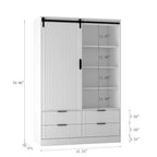 Tall Bedroom Armoire Wardrobe with Sliding Barn Door, 4 Drawers & 4 Open Shelves, White
