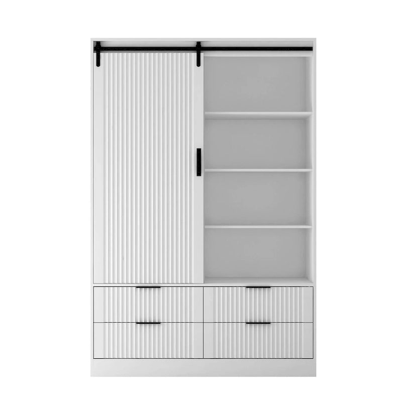 Tall Bedroom Armoire Wardrobe with Sliding Barn Door, 4 Drawers & 4 Open Shelves, White
