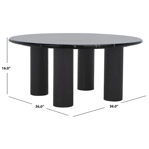 36" Round Marble Top Coffee Table with Oak Wood Base, Living Room Centerpiece, Brown/Black